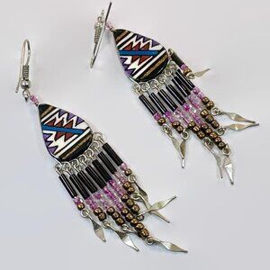 Southwestern Earrings, Purple, Black, Red, Vintage Earrings, Boho, 1970s, Beaded